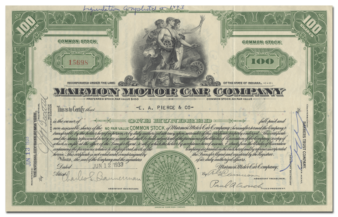 Marmon Motor Car Company Stock Certificate