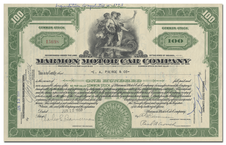 Marmon Motor Car Company Stock Certificate