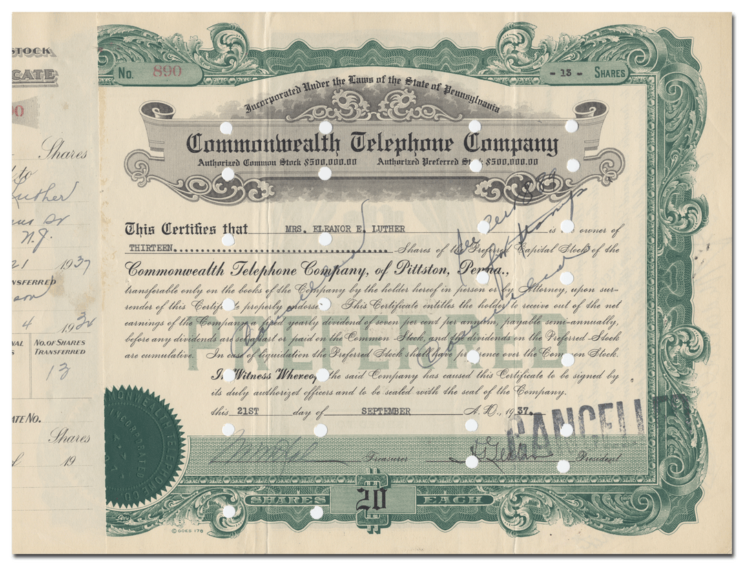 Commonwealth Telephone Company Stock Certificate