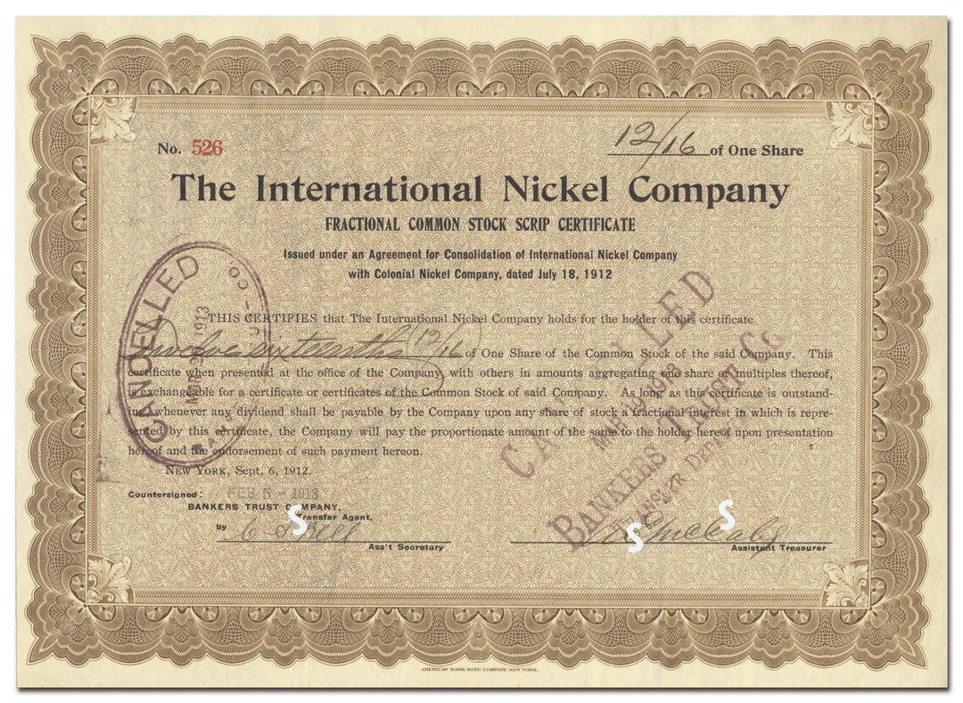 International Nickel Company Stock Certificate