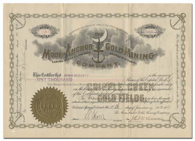 Moon-Anchor Gold Mining Company Stock Certificate