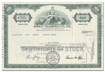 Ronco Teleproducts, Inc. Stock Certificate