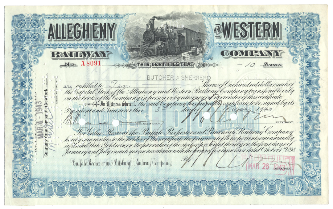 Allegheny and Western Railway Company Stock Certificate