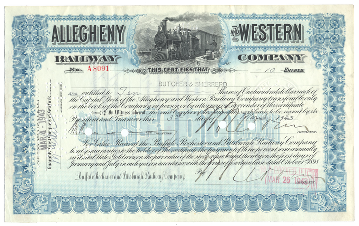 Allegheny and Western Railway Company Stock Certificate