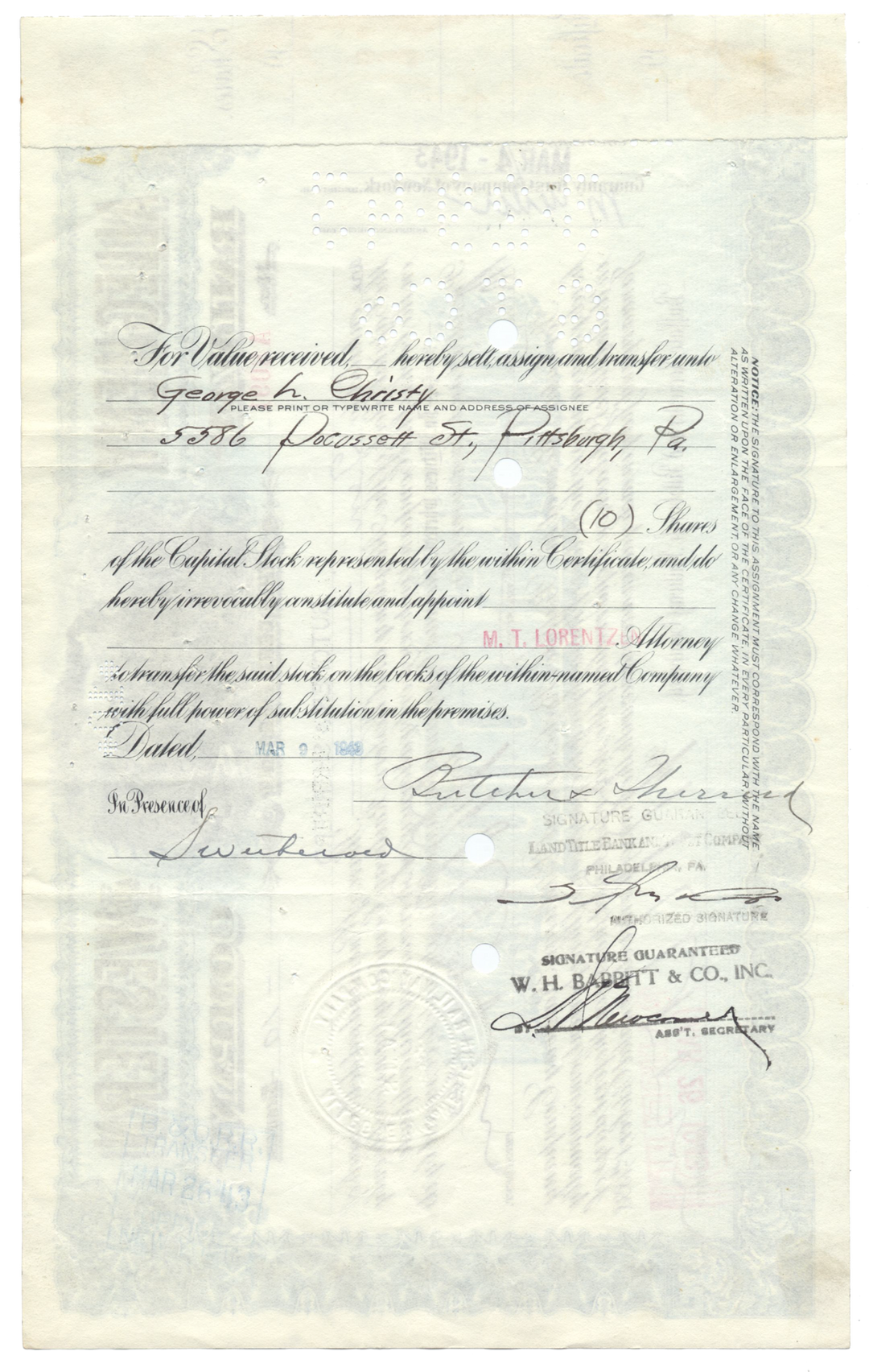 Allegheny and Western Railway Company Stock Certificate