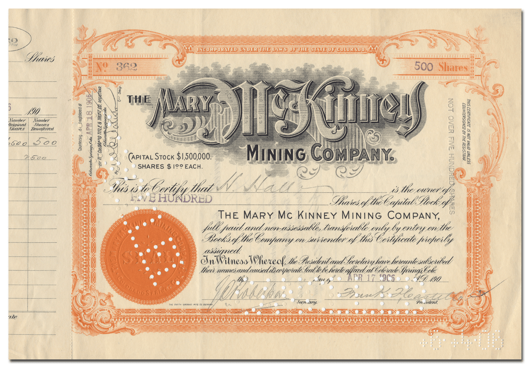 Mary McKinney Mining Company Stock Certificate