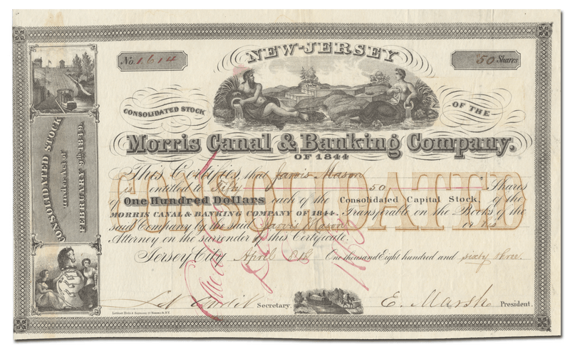 Morris Canal & Banking Company of 1844 Stock Certificate