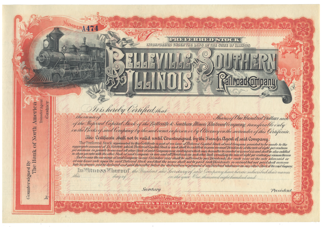 Belleville and Southern Illinois Railroad Company Stock Certificate