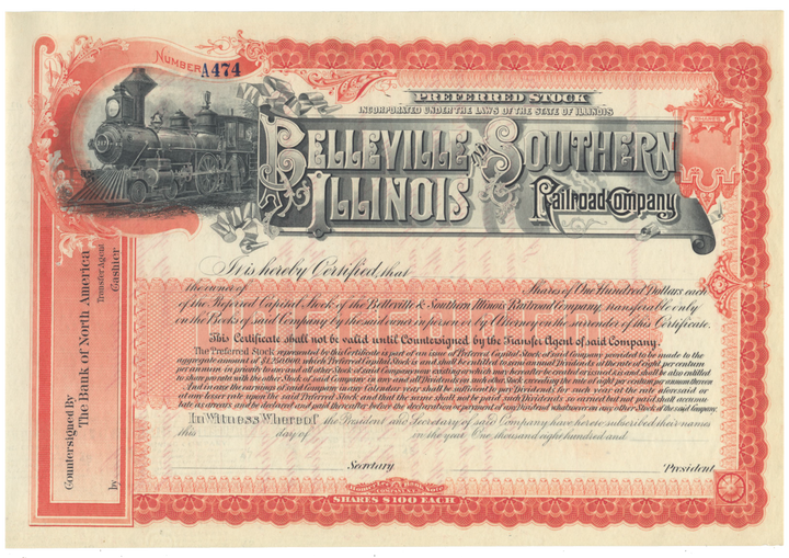 Belleville and Southern Illinois Railroad Company Stock Certificate