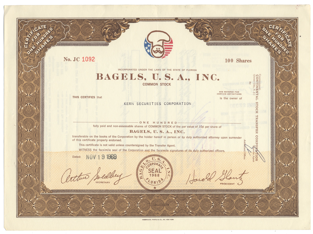 Bagels, U.S.A., Inc. Stock Certificate