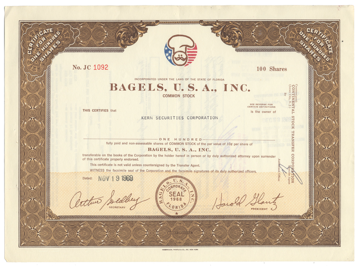 Bagels, U.S.A., Inc. Stock Certificate