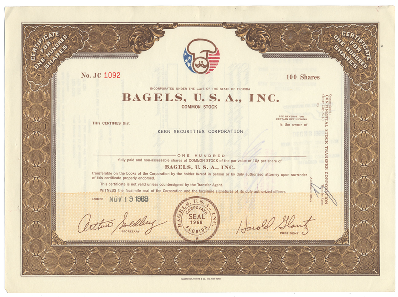 Bagels, U.S.A., Inc. Stock Certificate