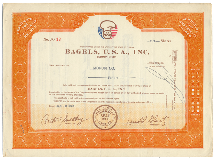 Bagels, U.S.A., Inc. Stock Certificate