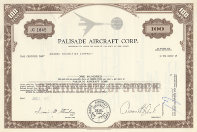 Palisades Aircraft Corp. Stock Certificate