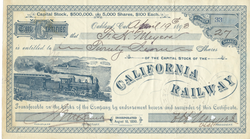 California Railway Stock Certificate