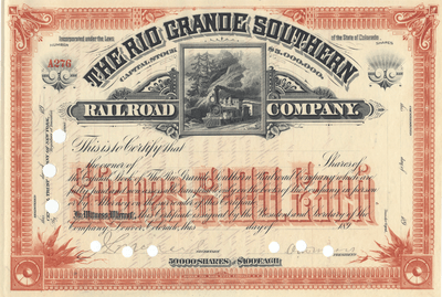 Rio Grande Southern Railroad Company Stock Certificate Signed by Otto Mears