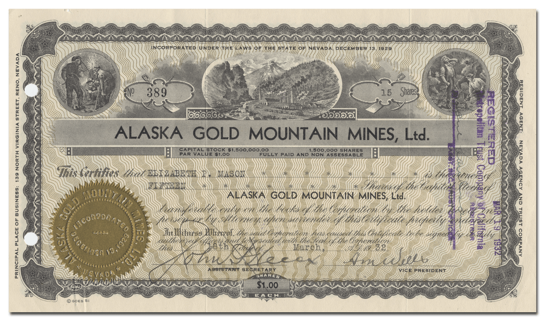 Alaska Gold Mountain Mines, Ltd. Stock Certificate