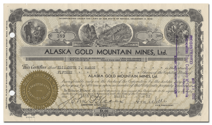 Alaska Gold Mountain Mines, Ltd. Stock Certificate