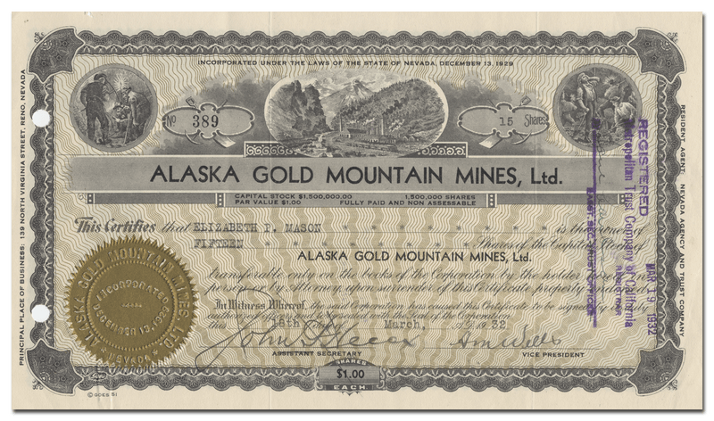 Alaska Gold Mountain Mines, Ltd. Stock Certificate