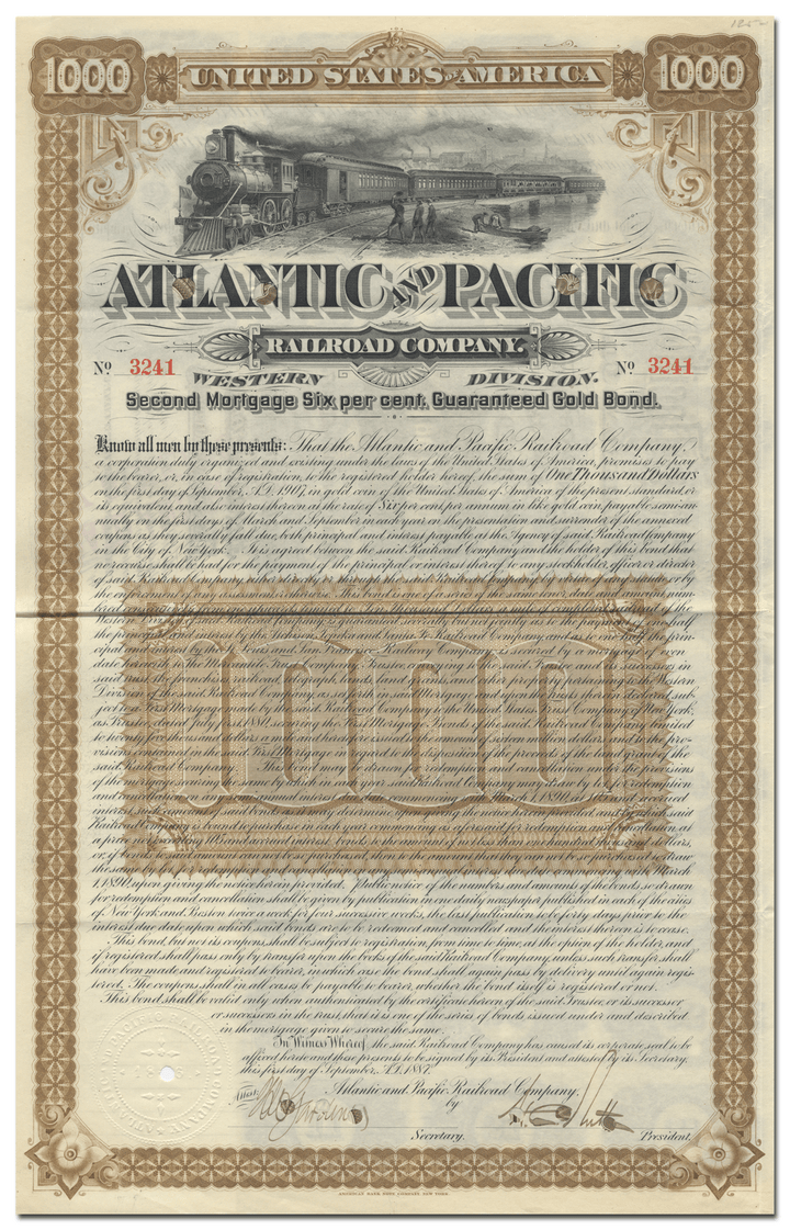 Atlantic and Pacific Railroad Company Bond Certificate