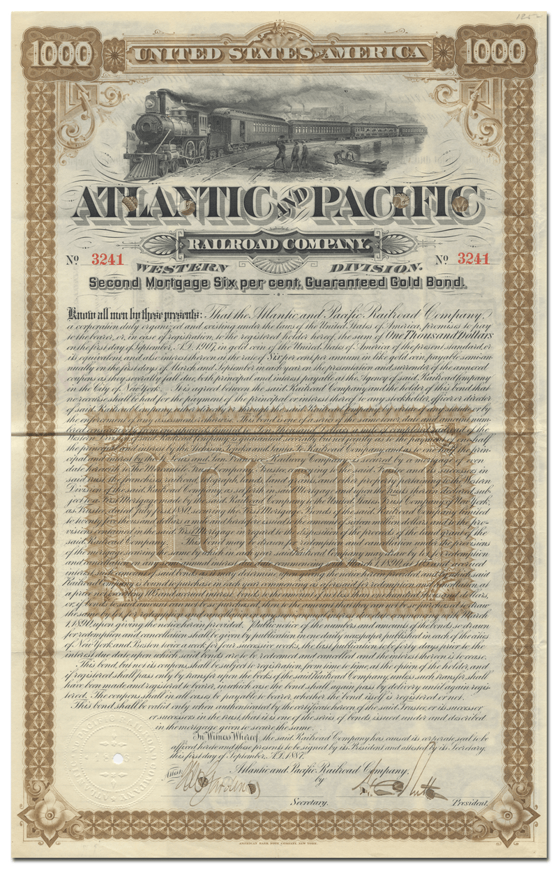 Atlantic and Pacific Railroad Company Bond Certificate