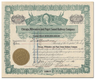 Chicago, Milwaukee & Puget Sound Railway Company Stock Certificate