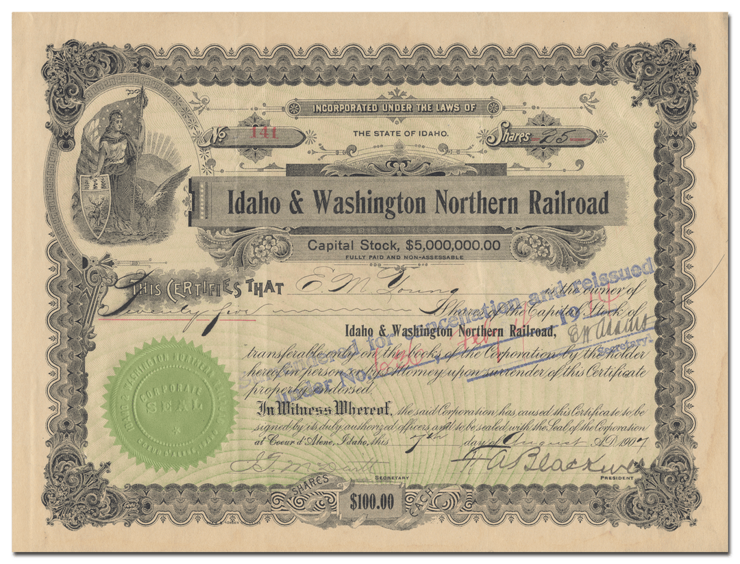 Idaho & Washington Northern Railroad Company Stock Certificate