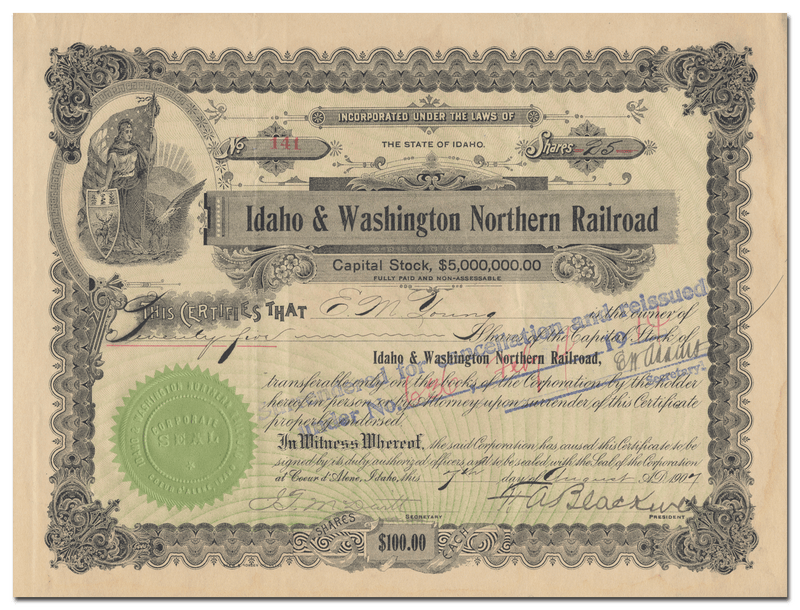 Idaho & Washington Northern Railroad Company Stock Certificate