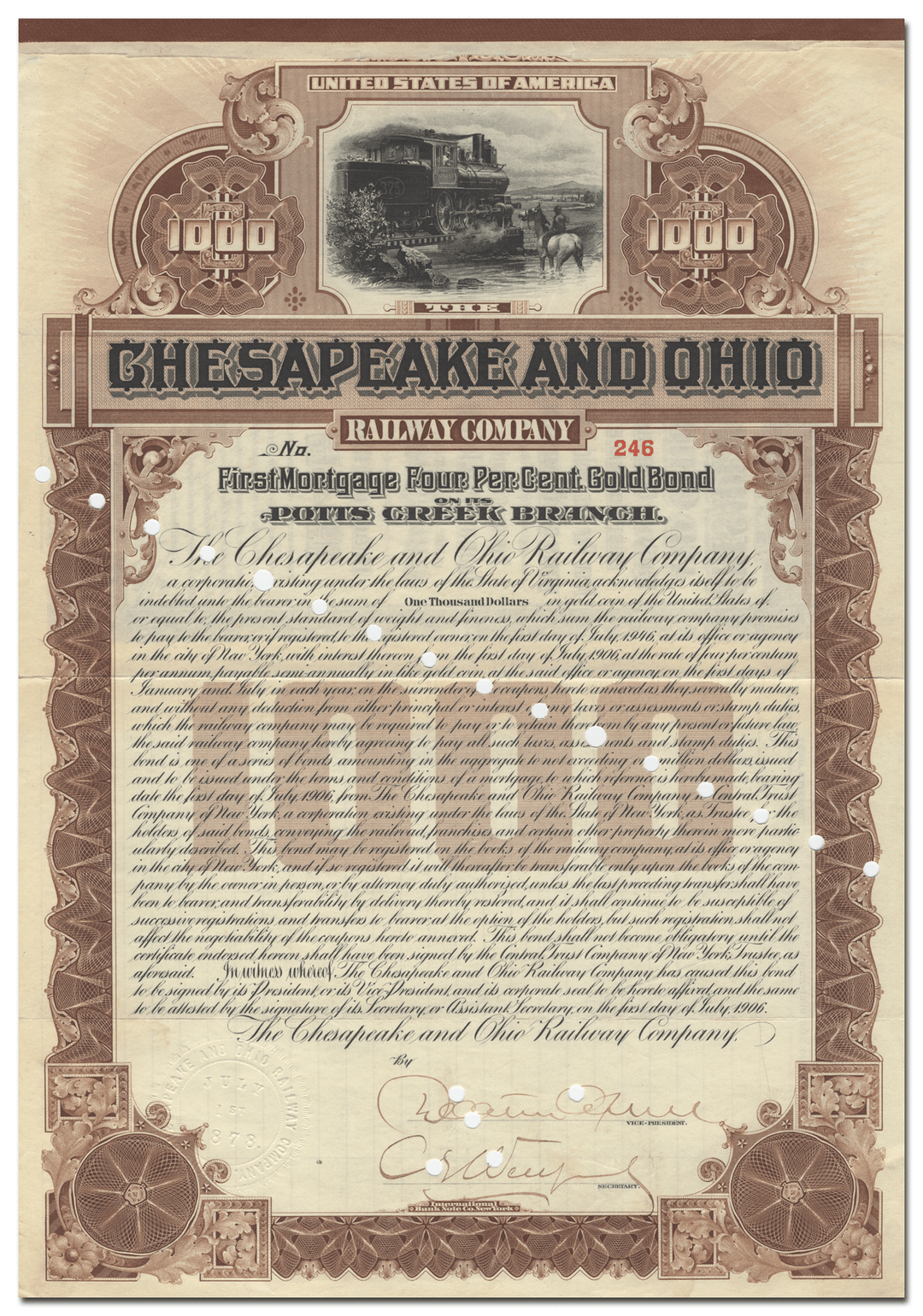 Chesapeake and Ohio Railway Company Bond Certificate