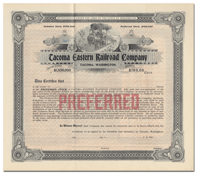 Tacoma Eastern Railroad Company Stock Certificate