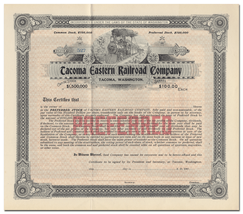 Tacoma Eastern Railroad Company Stock Certificate