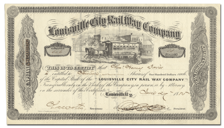 Louisville City Rail Way Company Stock Certificate