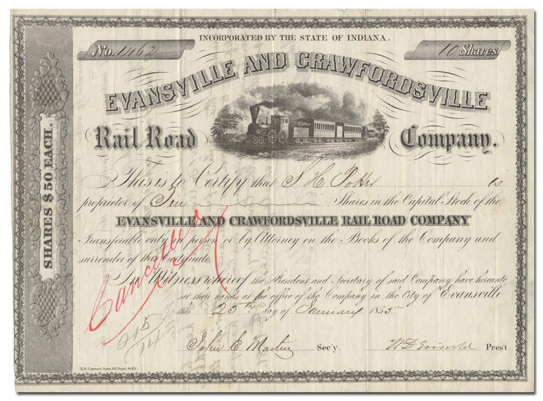 Evansville and Crawfordsville Rail Road Company Stock Certificate