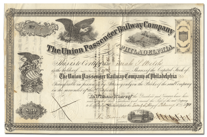 Union Passenger Railway Company of Philadelphia Stock Certificate