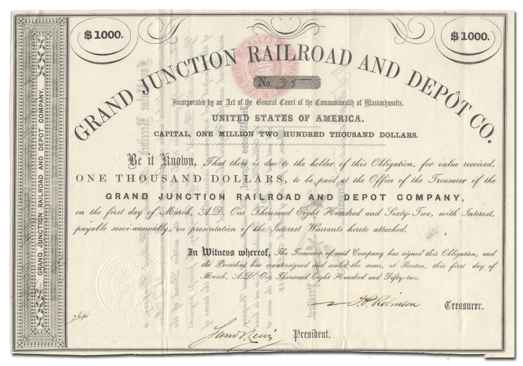 Grand Junction Rail Road and Depot Company Bond Certificate