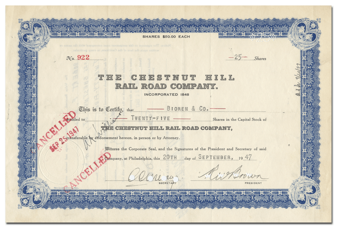 Chestnut Hill Rail Road Company Stock Certificate