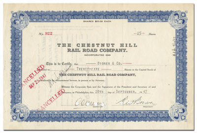 Chestnut Hill Rail Road Company Stock Certificate