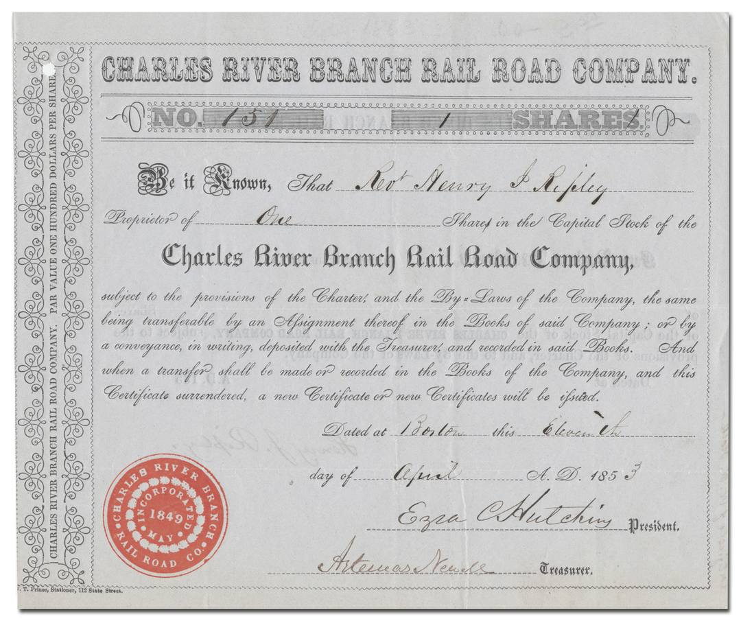 Charles River Branch Rail Road Company Stock Certificate