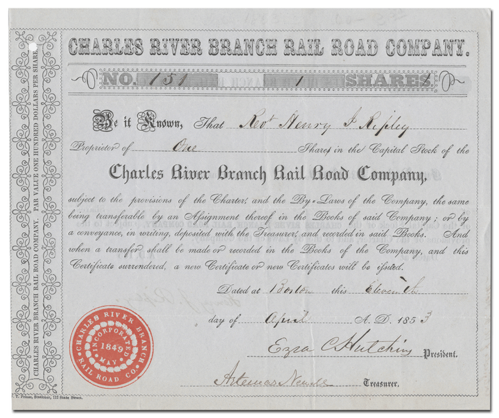 Charles River Branch Rail Road Company Stock Certificate