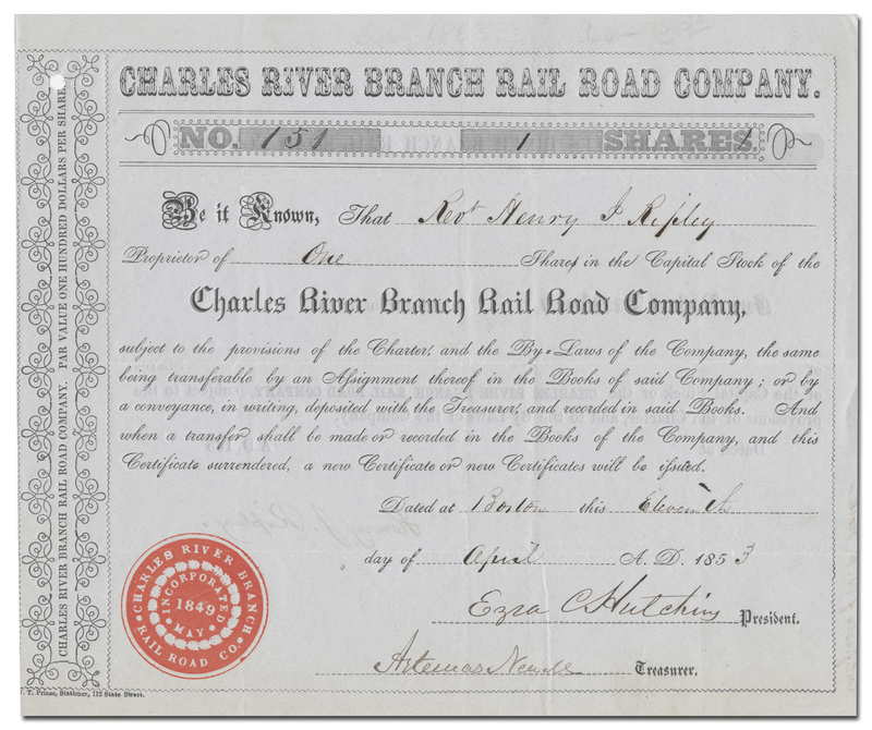 Charles River Branch Rail Road Company Stock Certificate