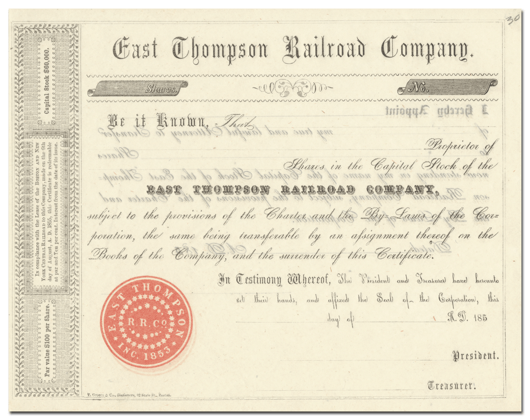 East Thompson Railroad Company Stock Certificate