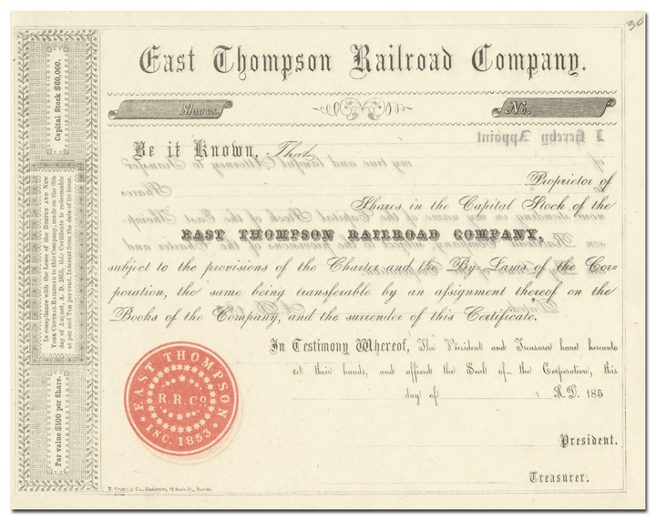 East Thompson Railroad Company Stock Certificate