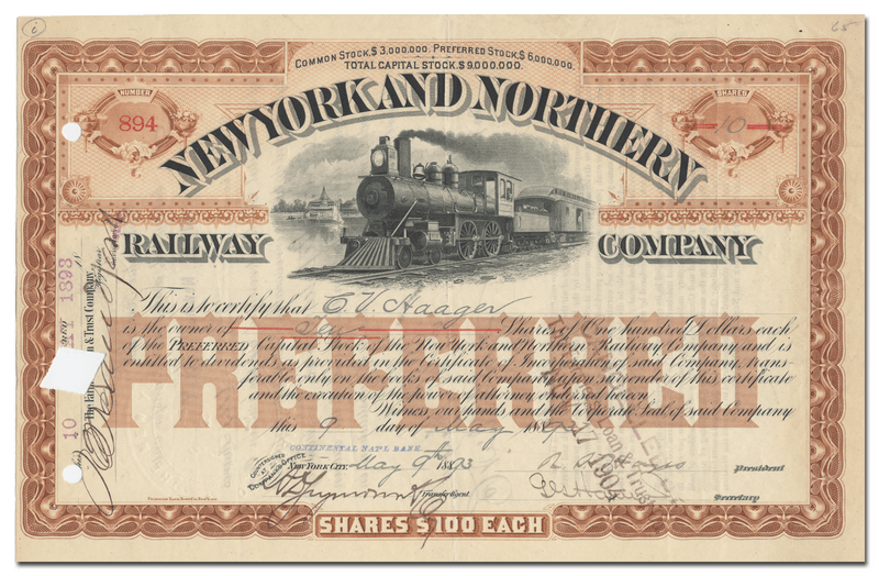 New York and Northern Railway Company Stock Certificate