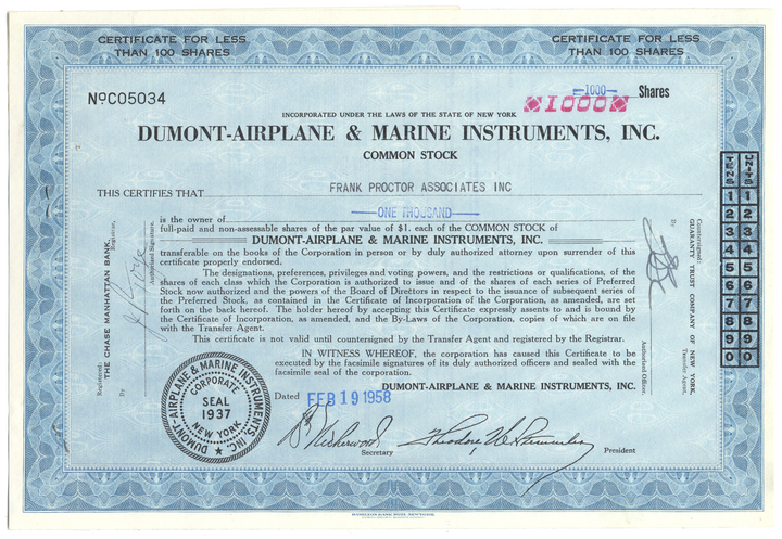 Dumont-Airplane & Marine Instruments, Inc. Stock Certificate