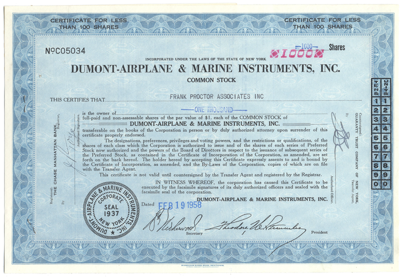 Dumont-Airplane & Marine Instruments, Inc. Stock Certificate