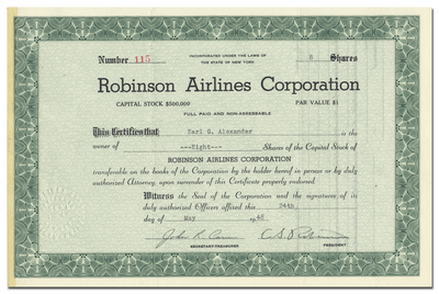 Robinson Airlines Corporation Stock Certificate