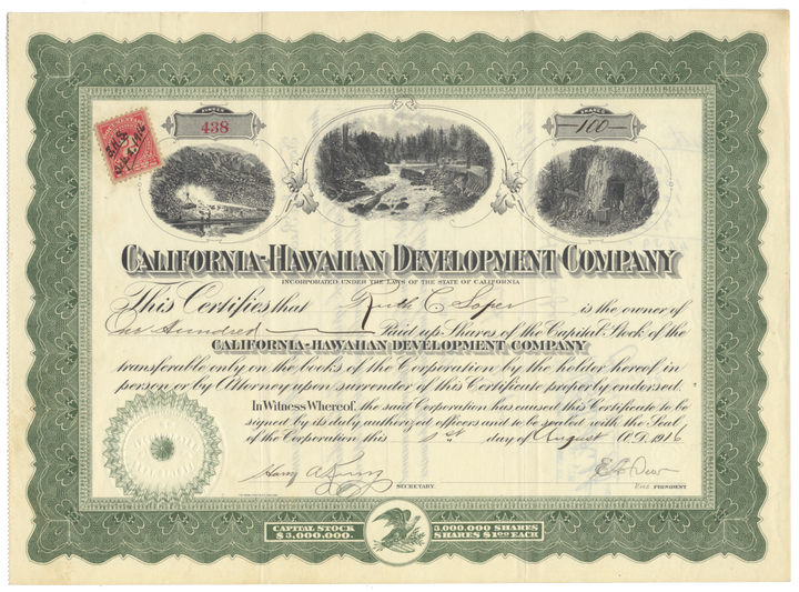 California-Hawaiian Development Company Stock Certificate