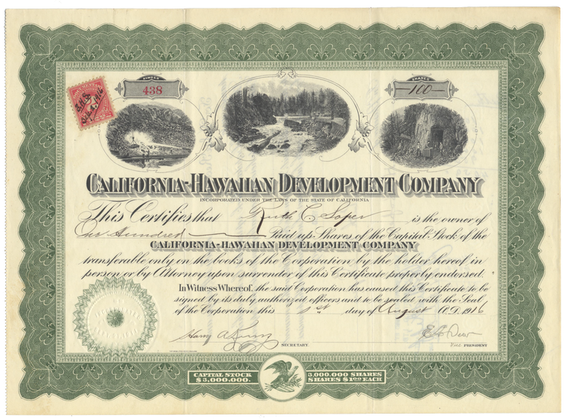 California-Hawaiian Development Company Stock Certificate