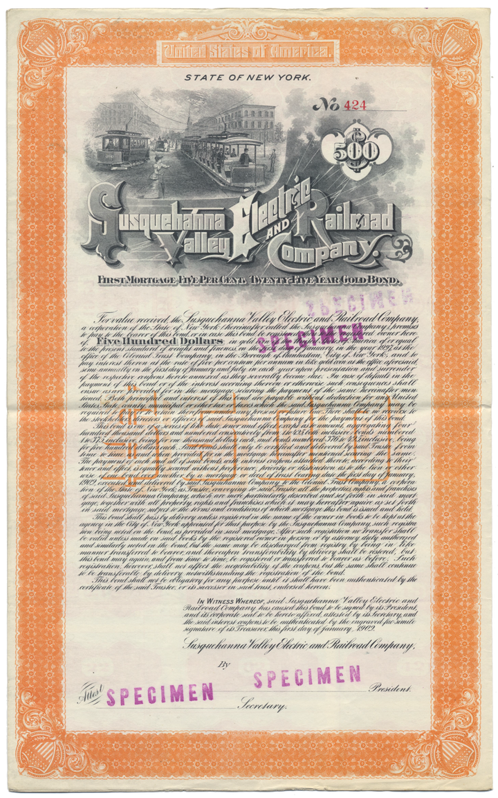 Susquehanna Valley Electric and Railroad Company Specimen Bond Certificate