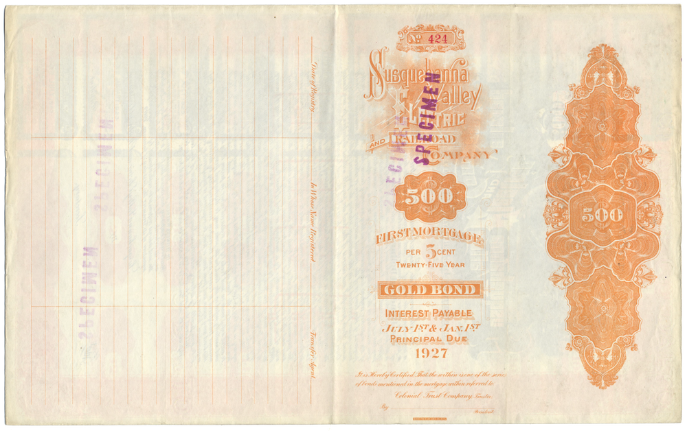 Susquehanna Valley Electric and Railroad Company Specimen Bond Certificate